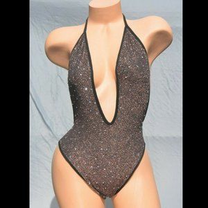 Rose Gold Glitter on Black Jeweled Rhinestone One Piece Romper